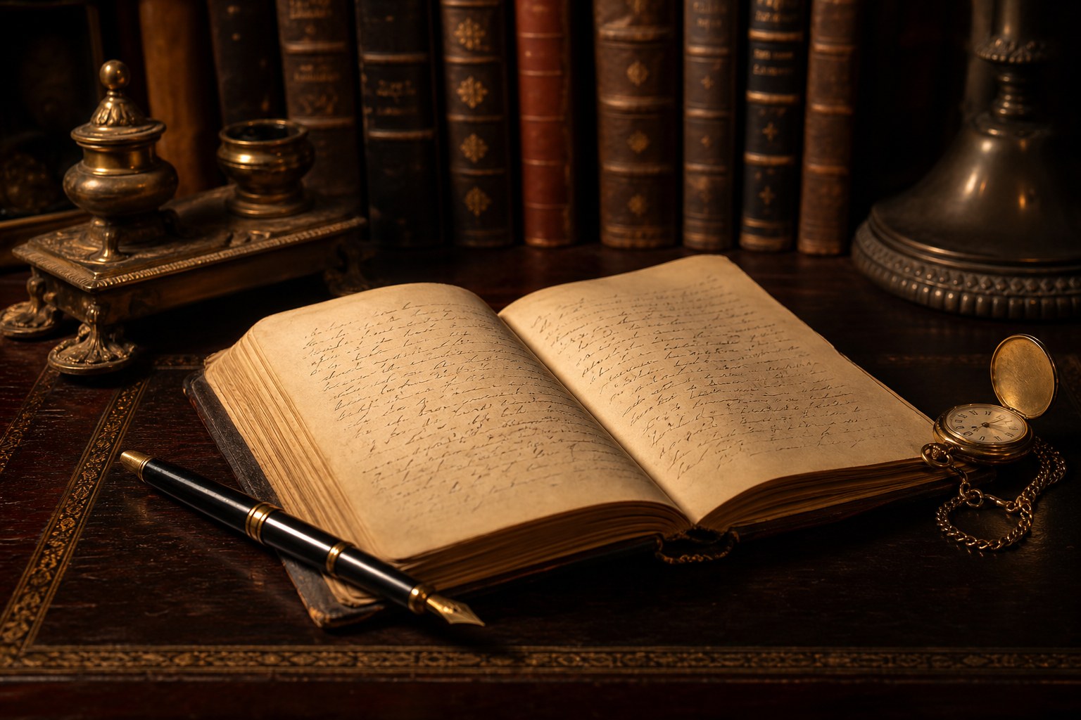Open handwritten journal with a pocket watch on a library desk