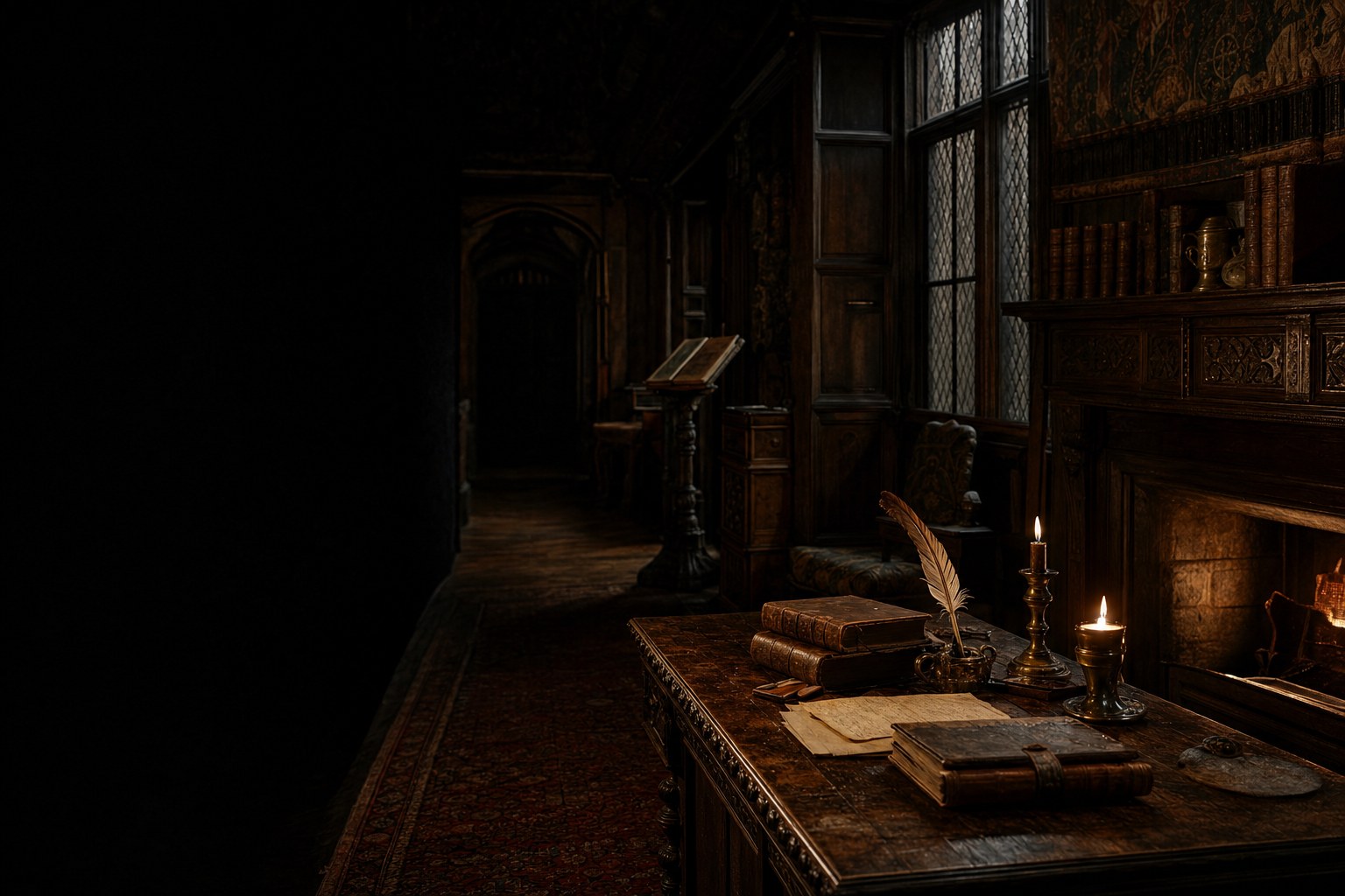 Candlelit Tudor library with a writing table, books, and quill