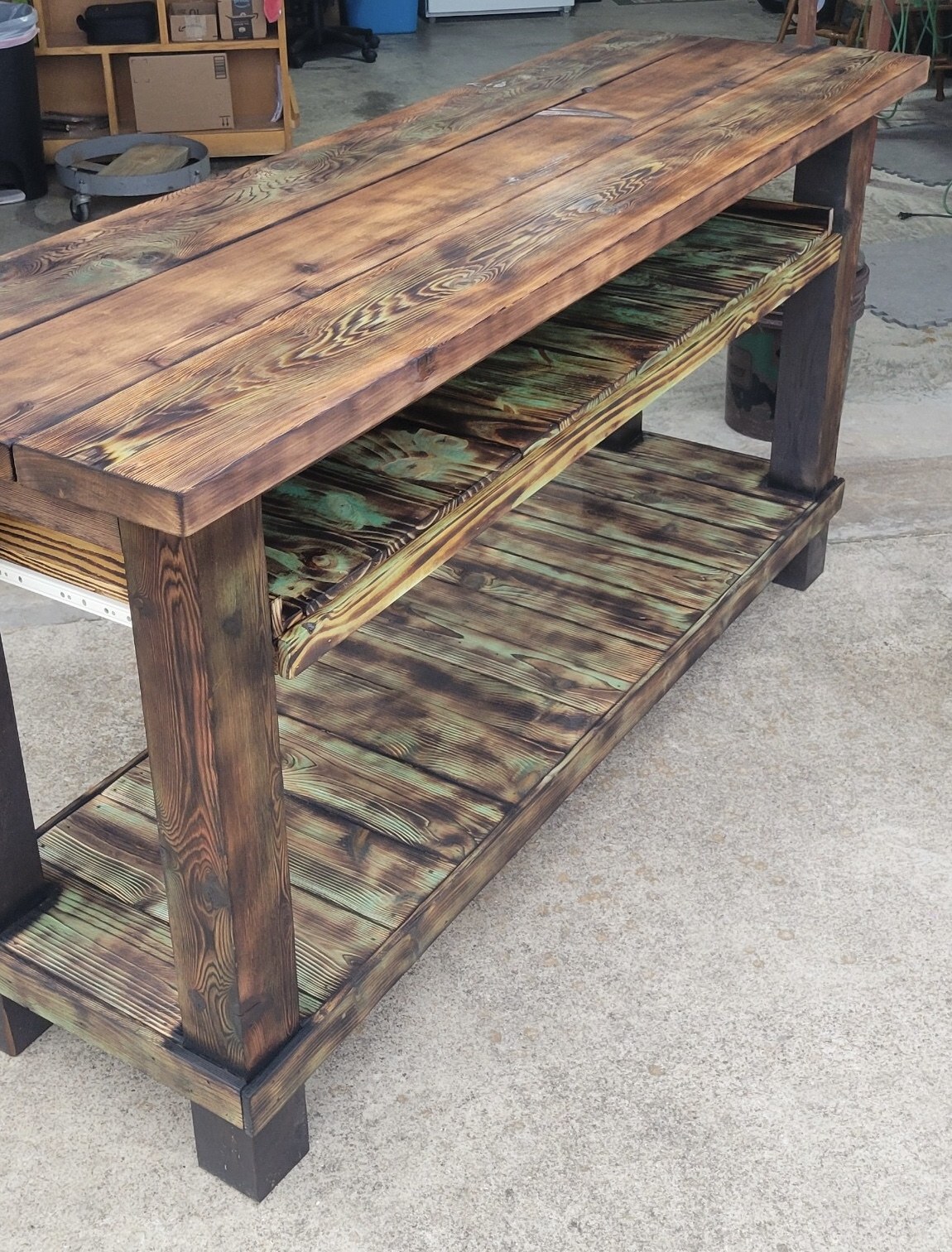 Detail view of a handmade wooden workbench