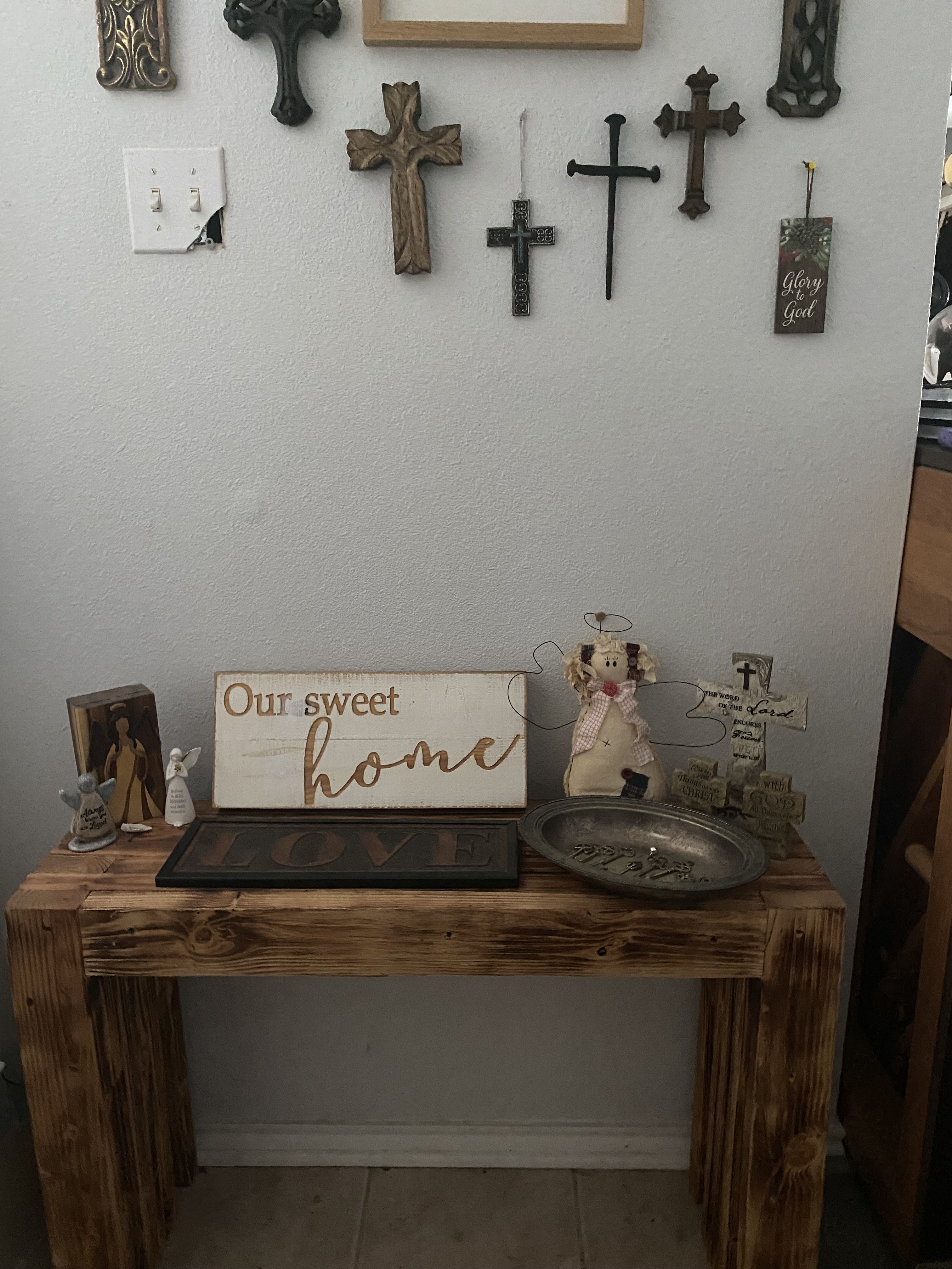 Handmade wooden bench displayed in a home