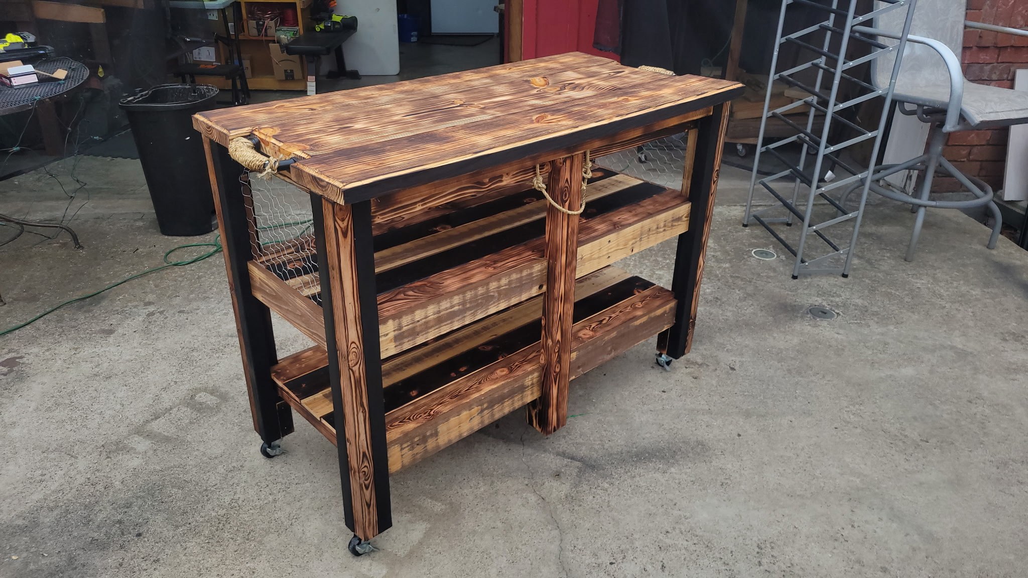 Handmade wooden console table with lower shelves