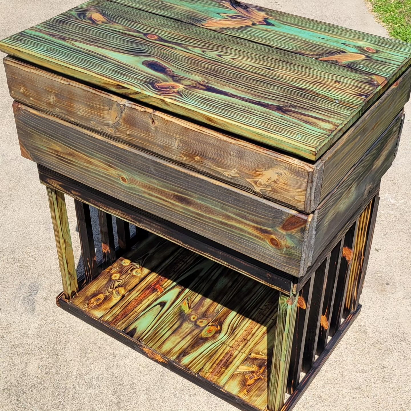 Close view of a handmade colorful wooden cabinet