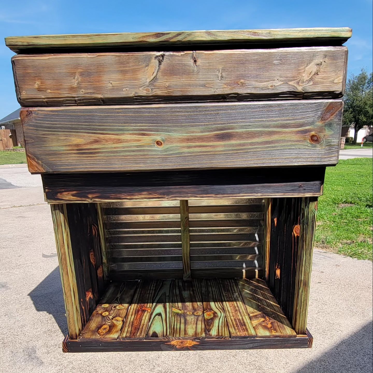 Handmade wooden cabinet with open lower shelf