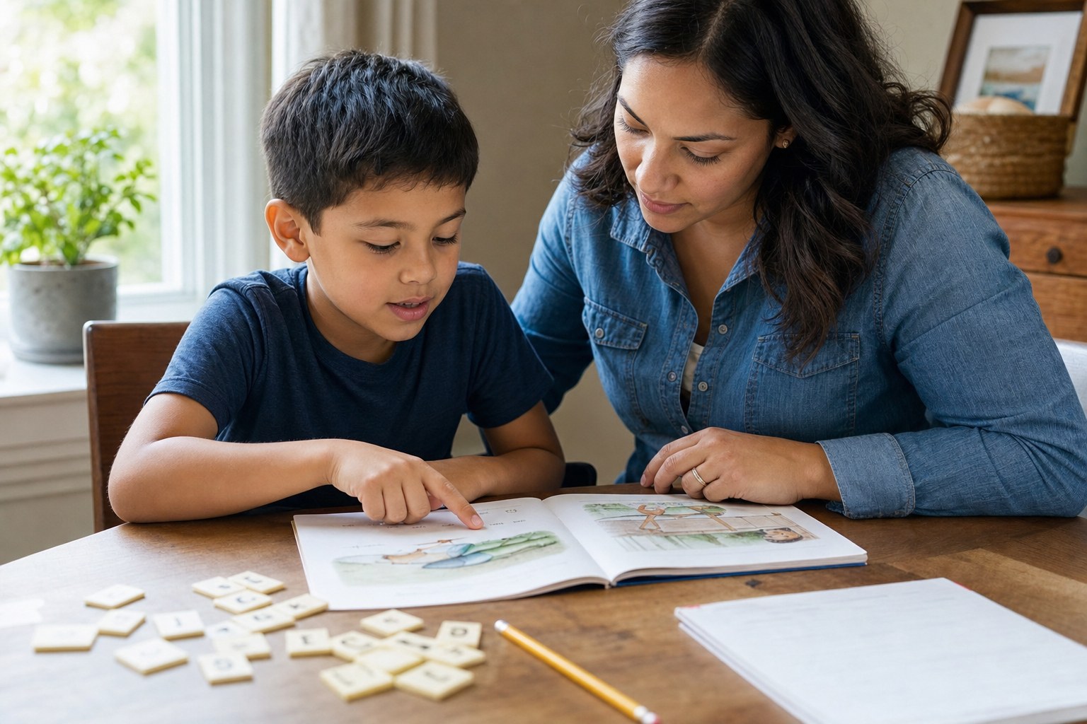 A parent and child reading together with letter tiles at a home table.