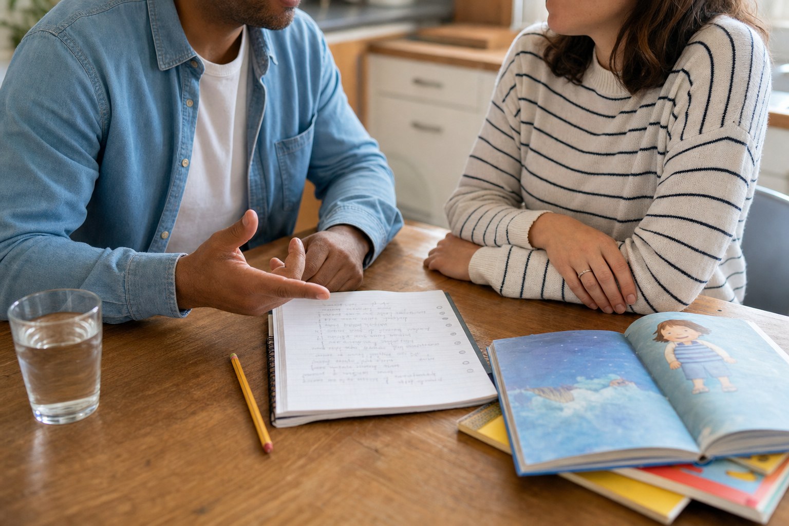 Parents reviewing reading observations beside a child’s book at a kitchen table.