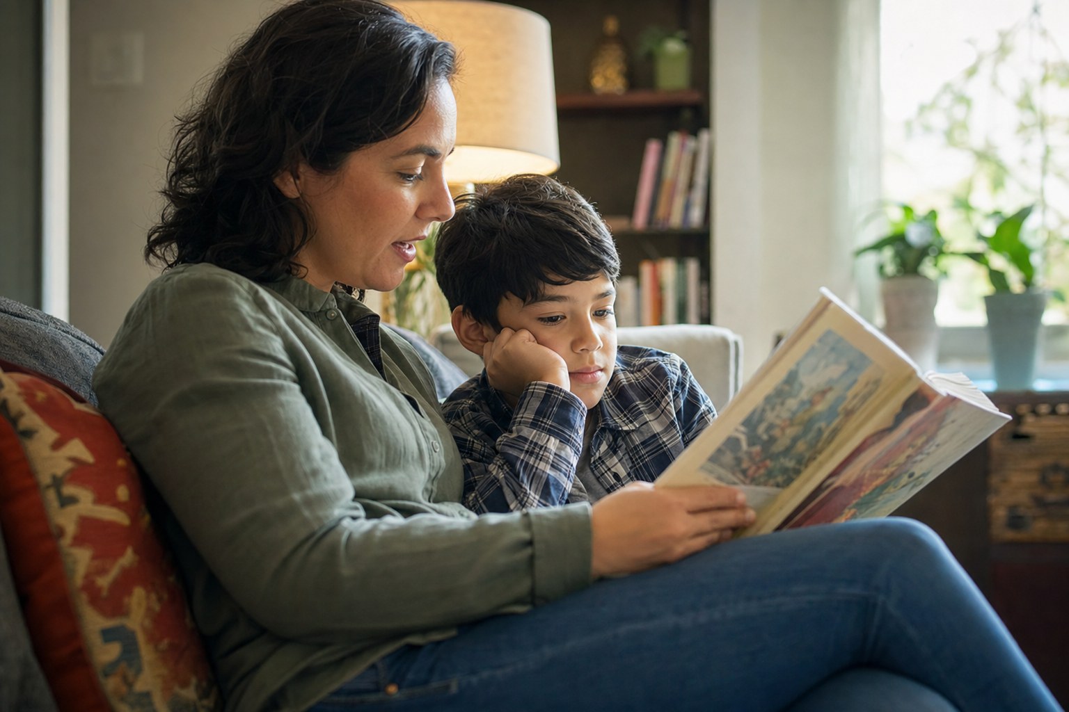 A parent reading aloud with a child in a comfortable home reading nook.