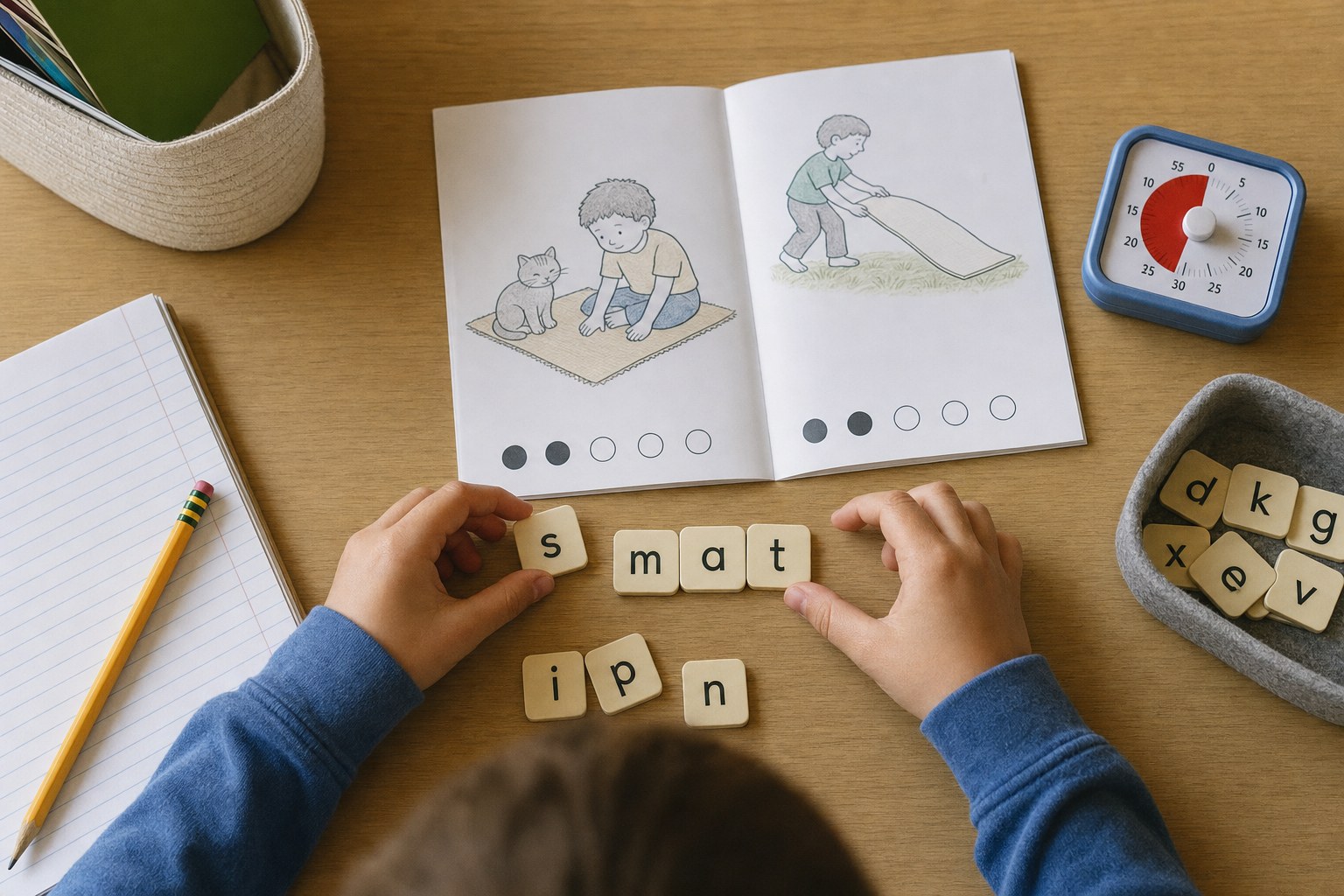 A child using letter tiles and a short reading routine at a home table.