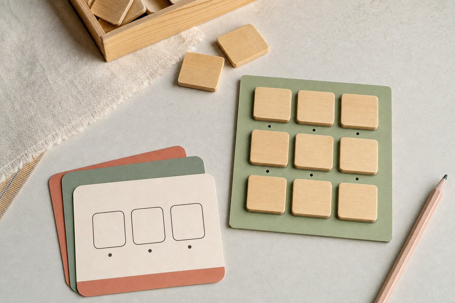 Hands-on letter tiles and simple sound practice cards.