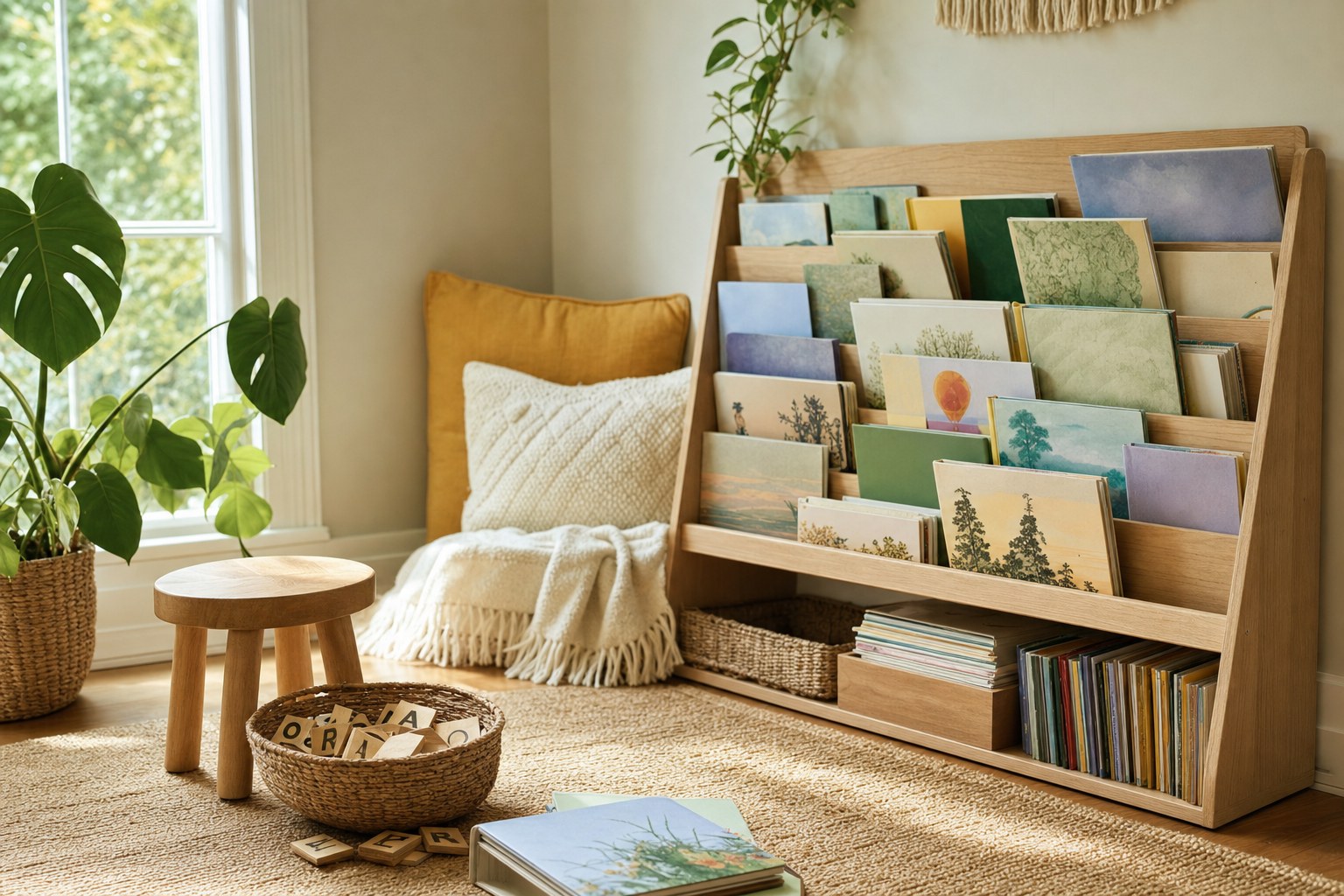 A sunlit reading corner with picture books and letter tiles.
