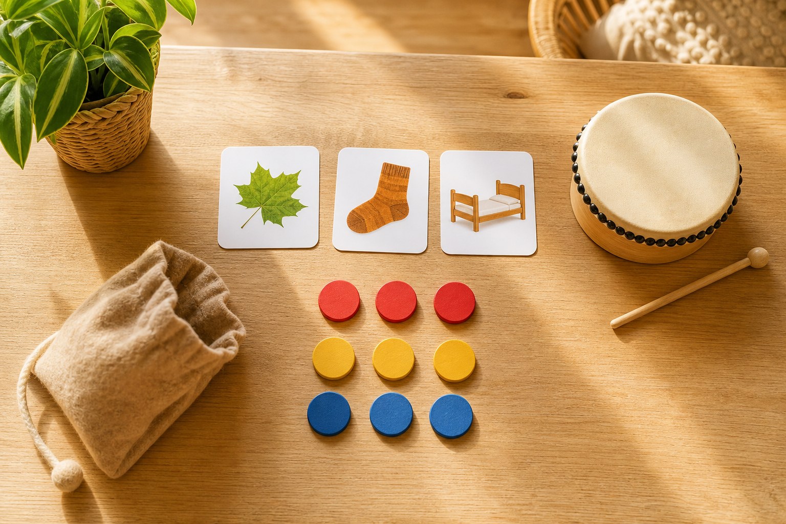 Sound counters, picture cards, and a small drum arranged for a listening activity.