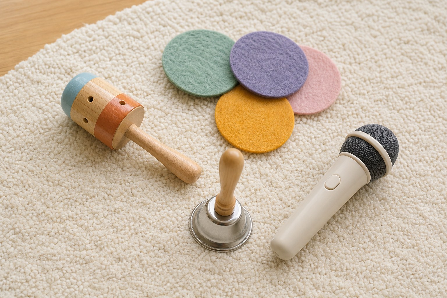 A small shaker, bell, and felt circles arranged for a listening activity.