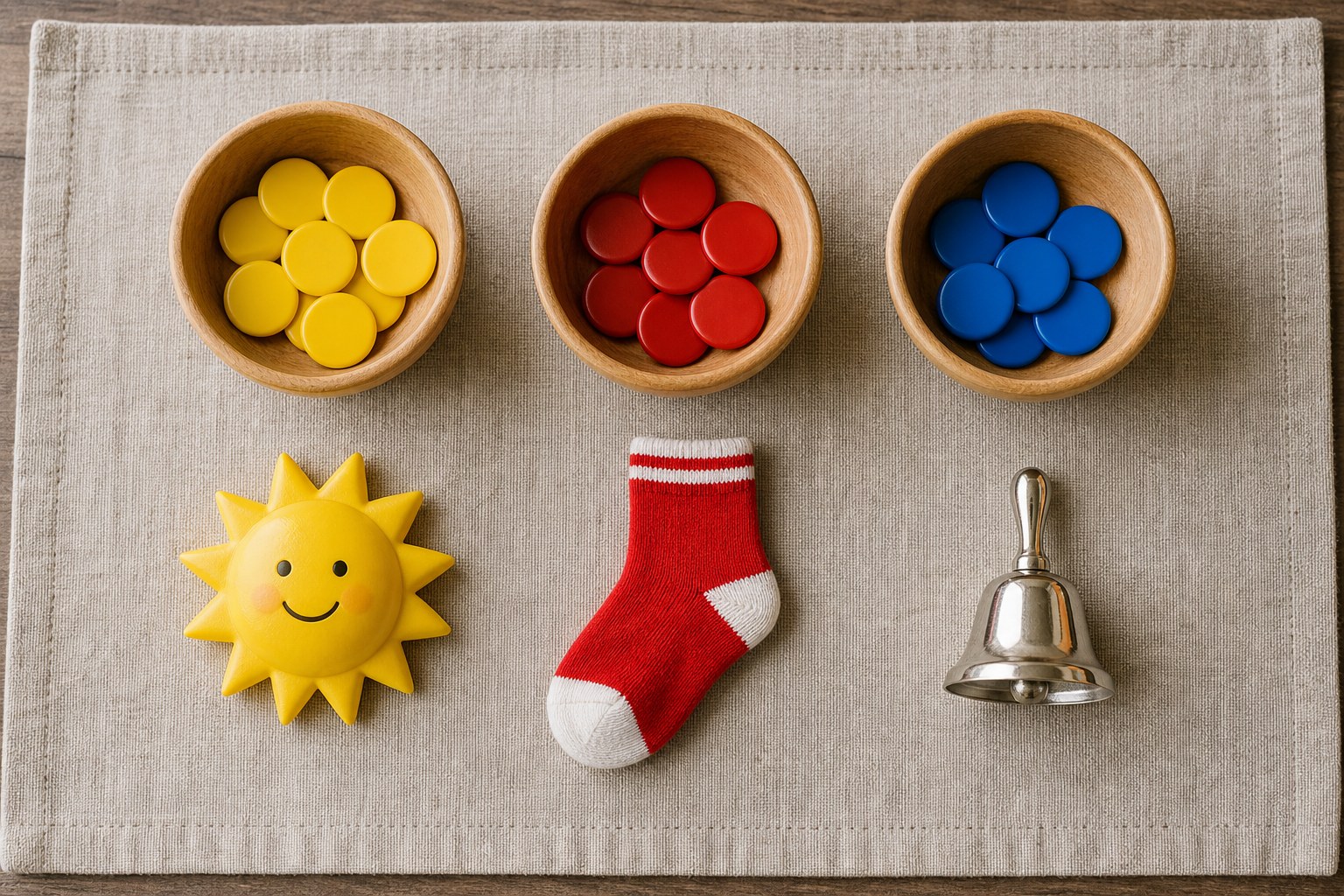 Colored counters in small bowls beside simple objects for a beginning-sound game.