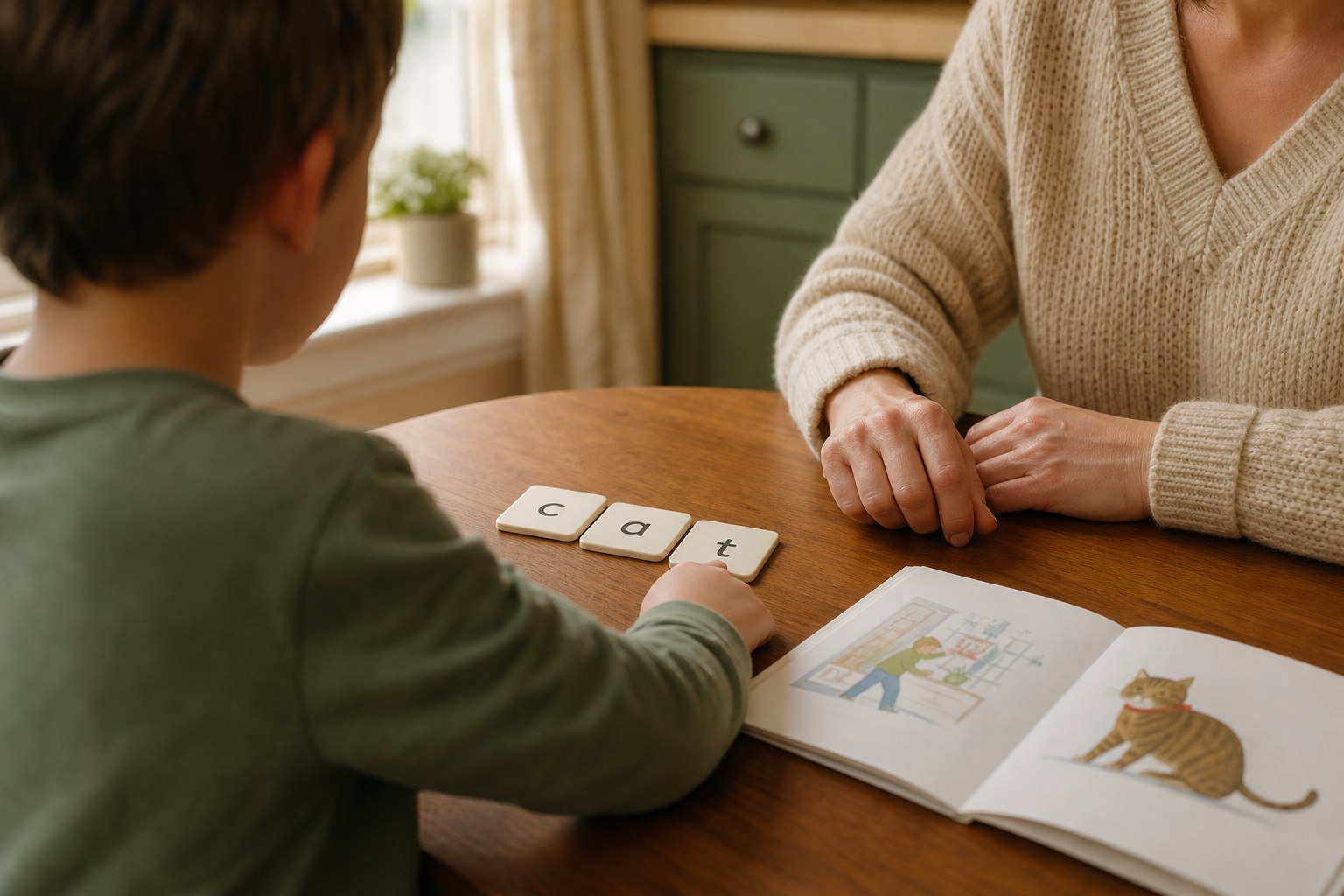 An adult and child using letter tiles and a picture book at a home table.