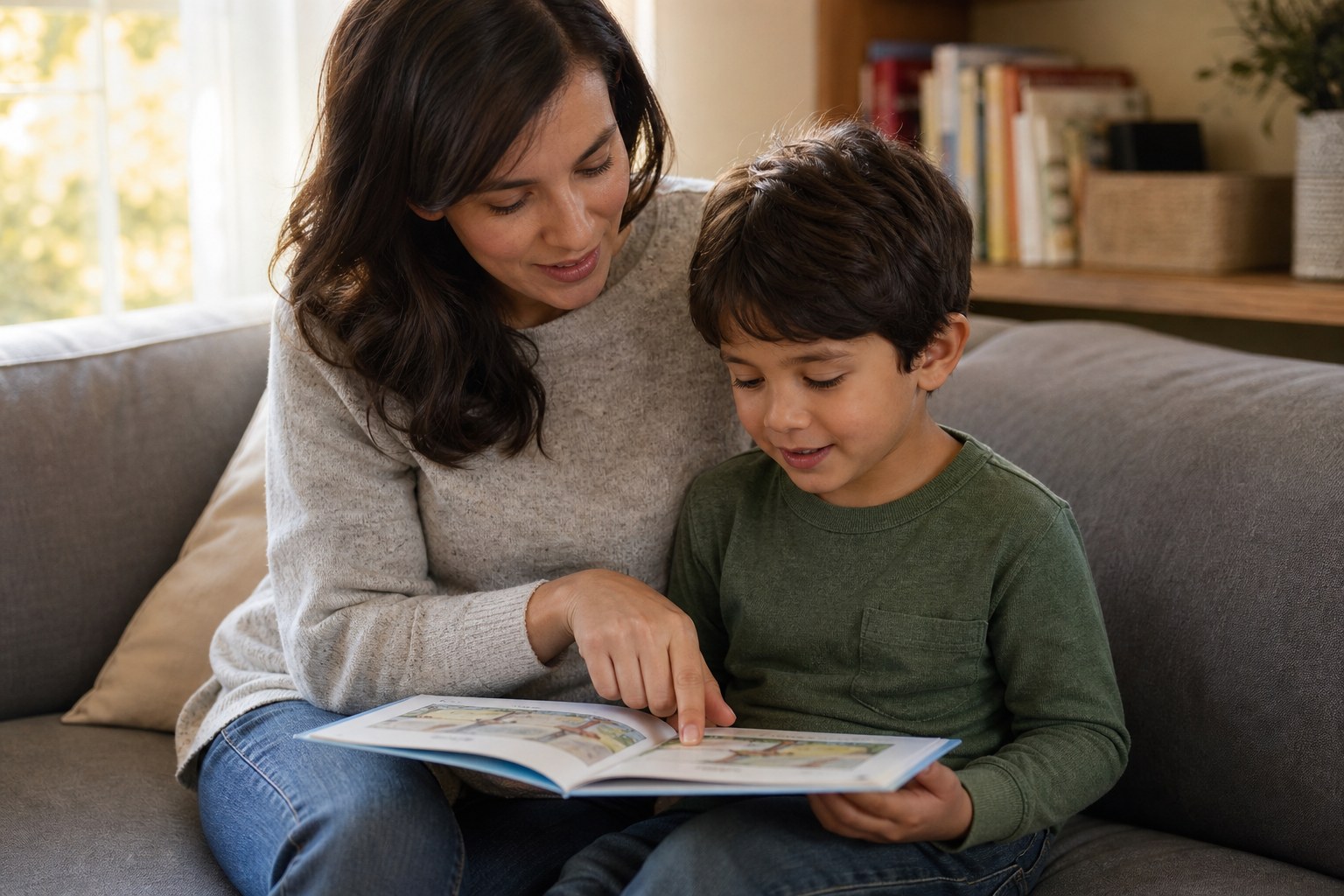 An adult and child reading a short book together on a sofa.