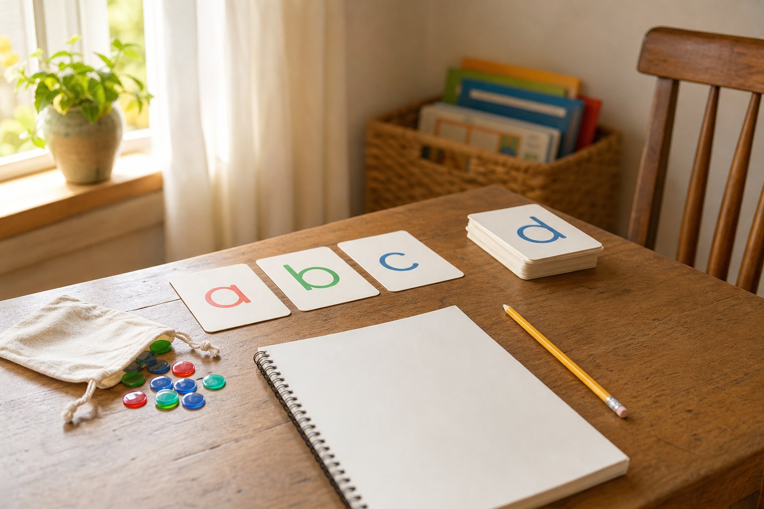 Letter cards, counters, a pencil, and a blank notebook ready for a short phonics routine.