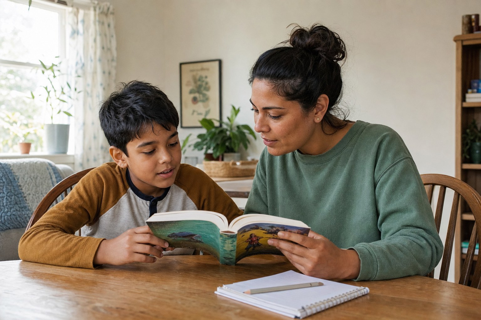 A parent and child reading a chapter book together at a home table.