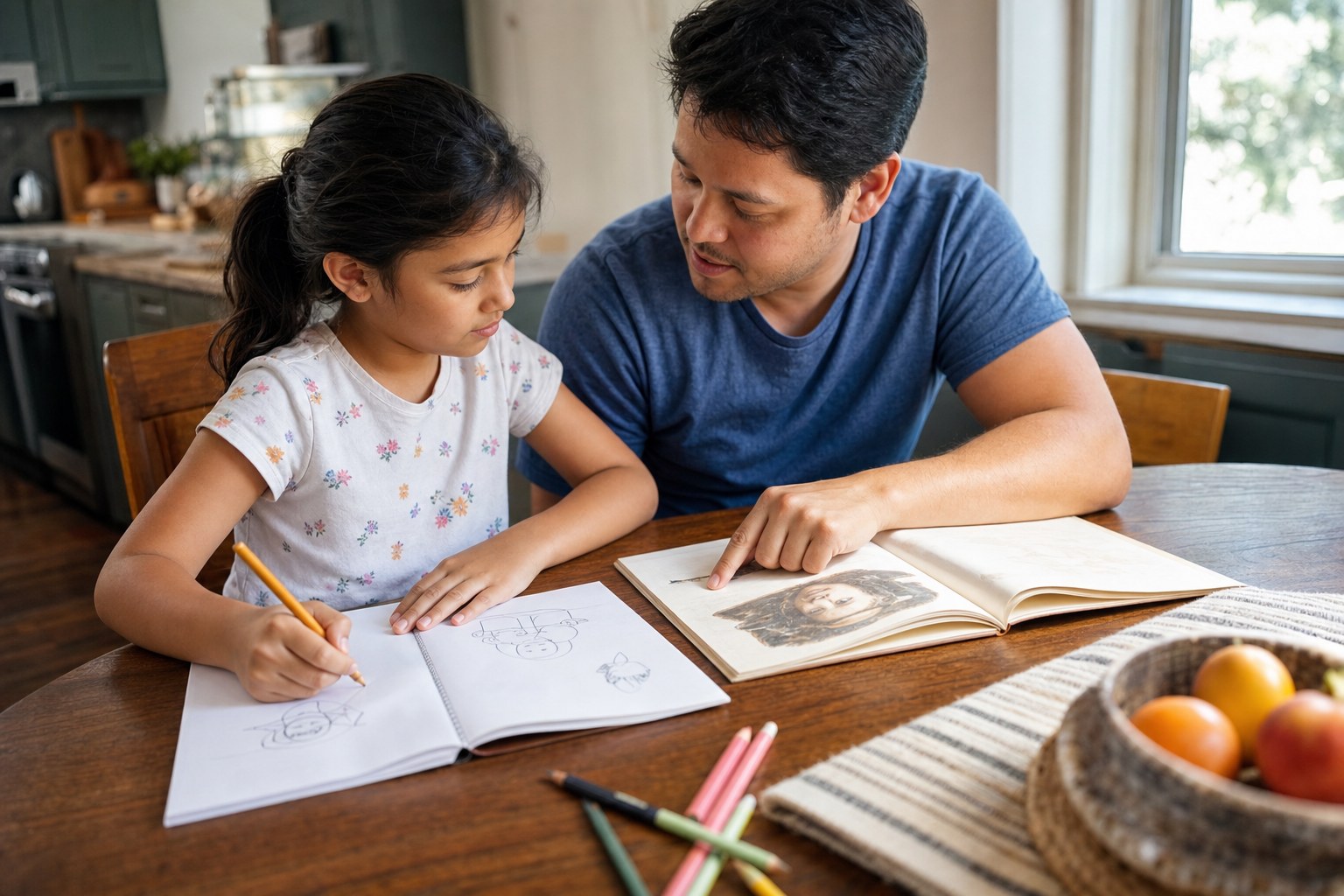 A parent and child drawing story ideas beside an open book.