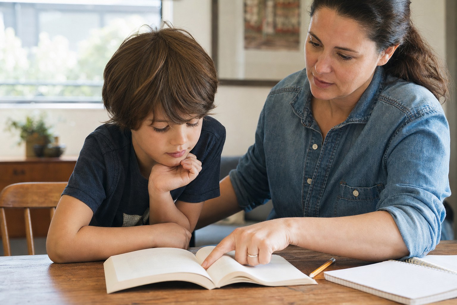 A parent and child pausing together over an open book.