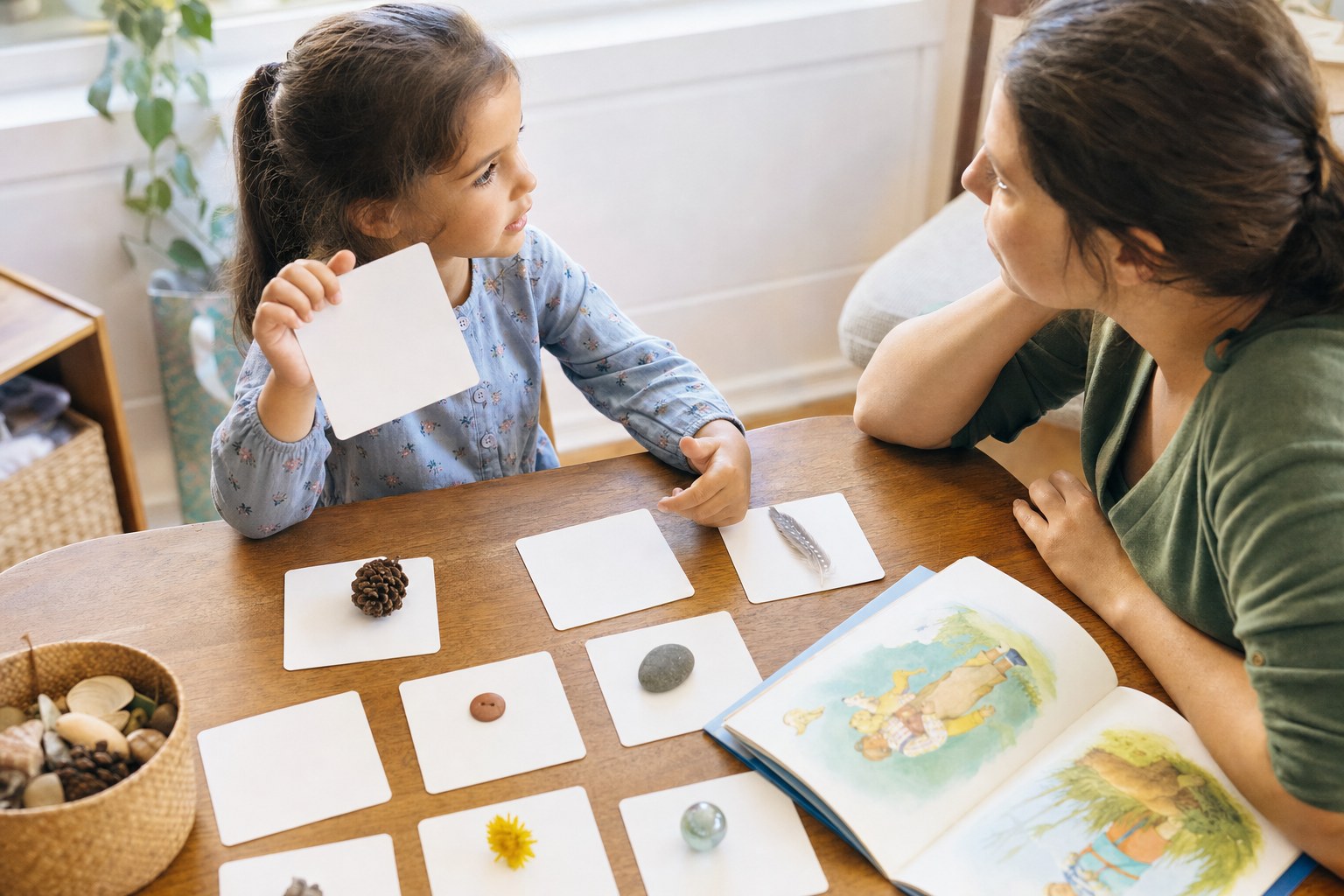 A child and parent using simple picture cards and objects together.
