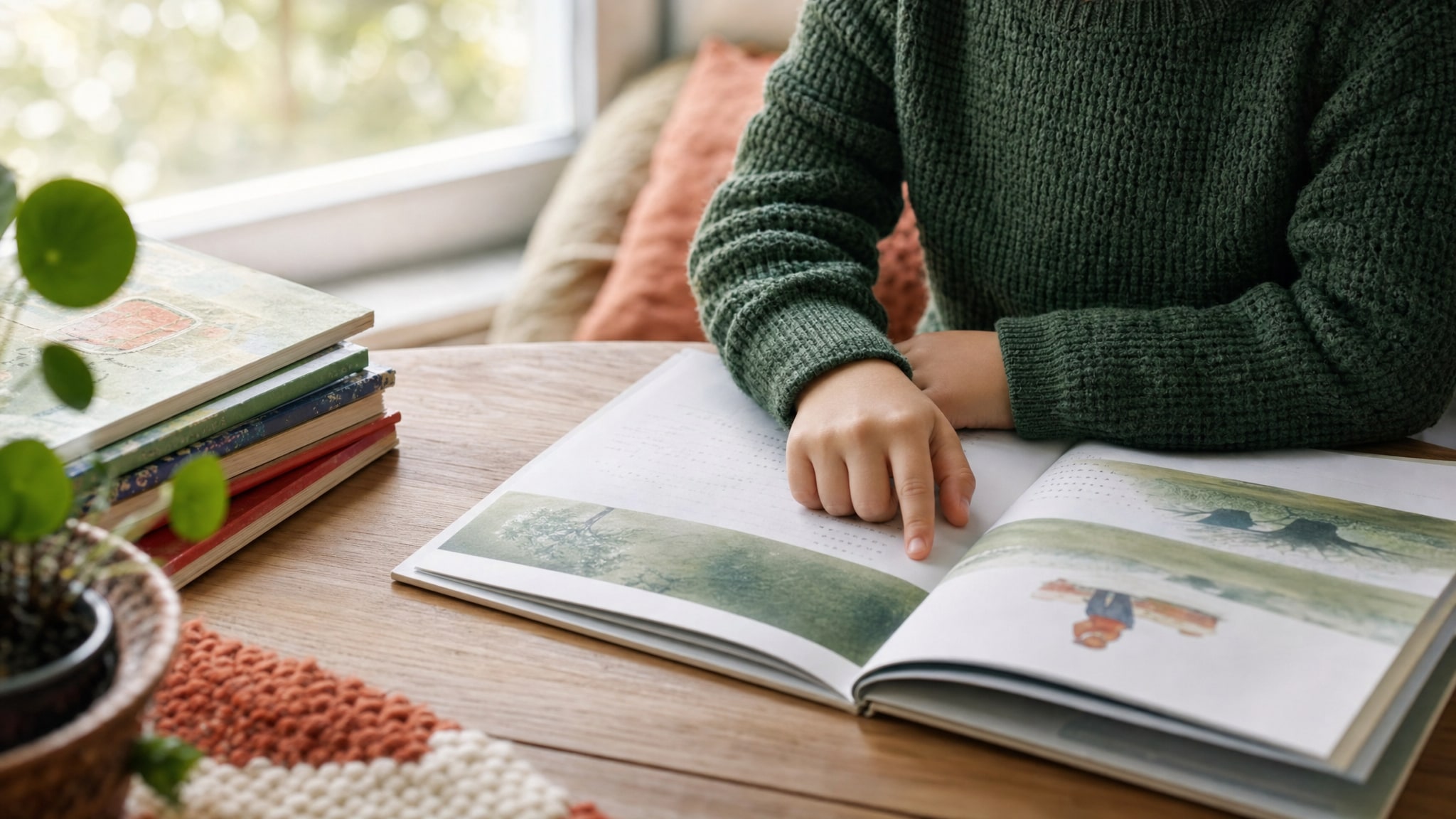 A child following along in an open book at a sunlit table.
