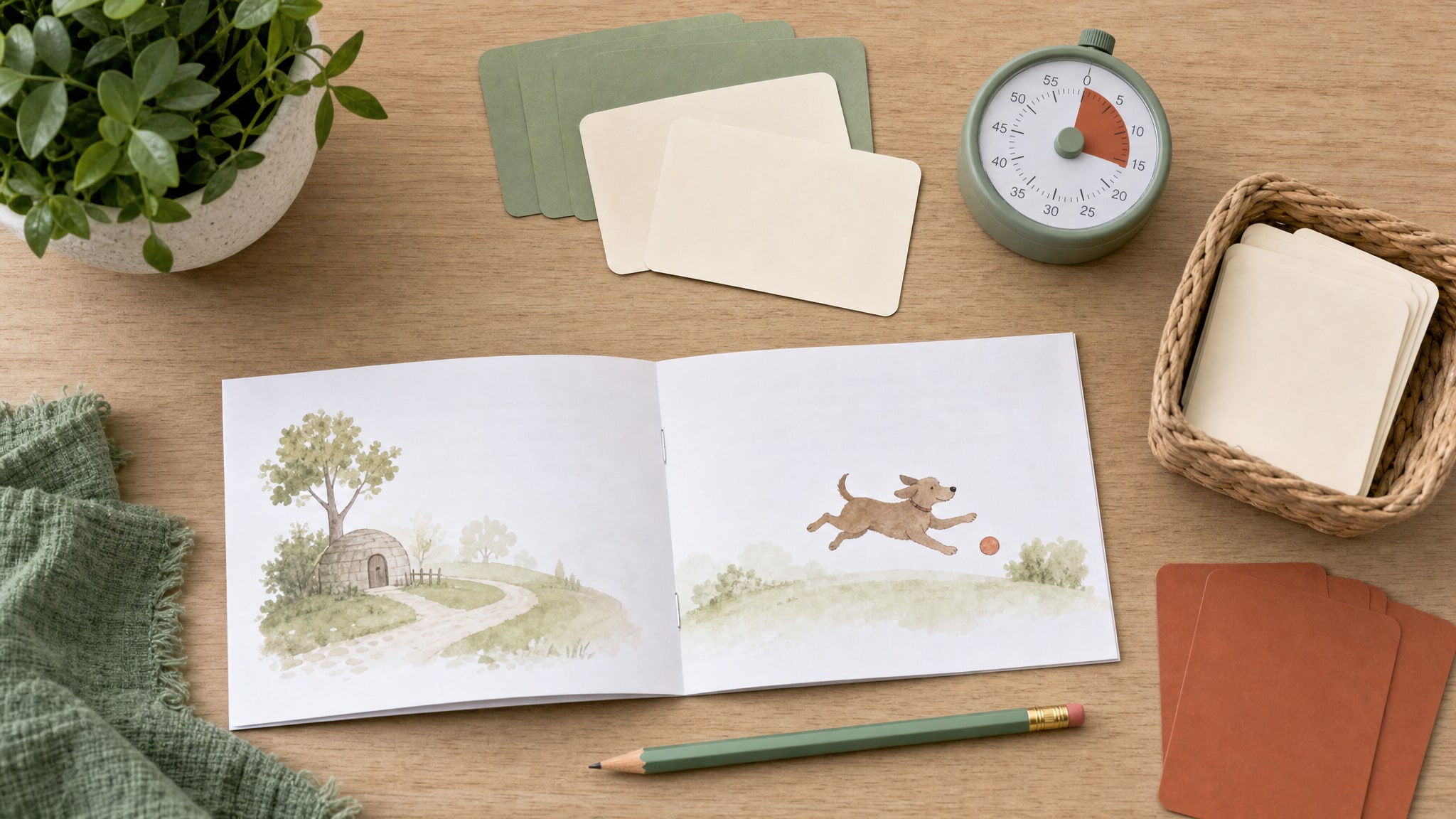 A short reading routine arranged with a book, timer, pencil, and word cards.
