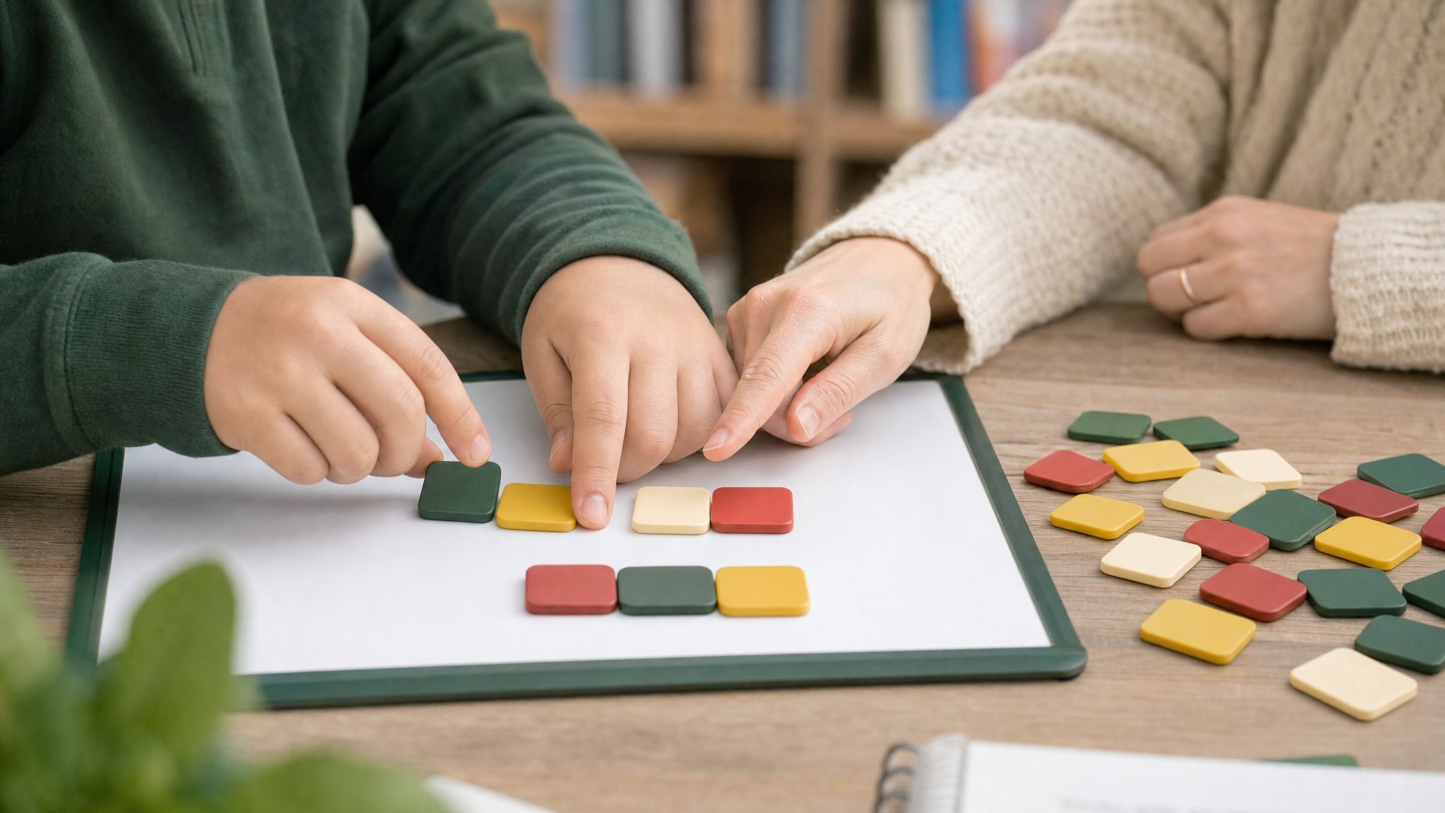 An adult guiding a child's hands as they arrange letter tiles.