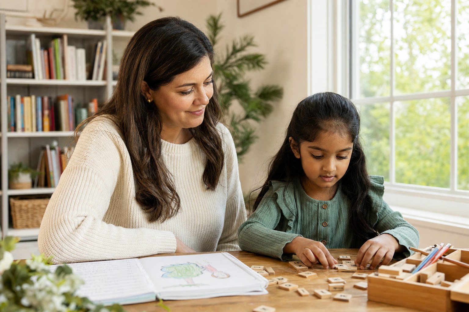 A literacy specialist encouraging a child as she works with letter tiles.