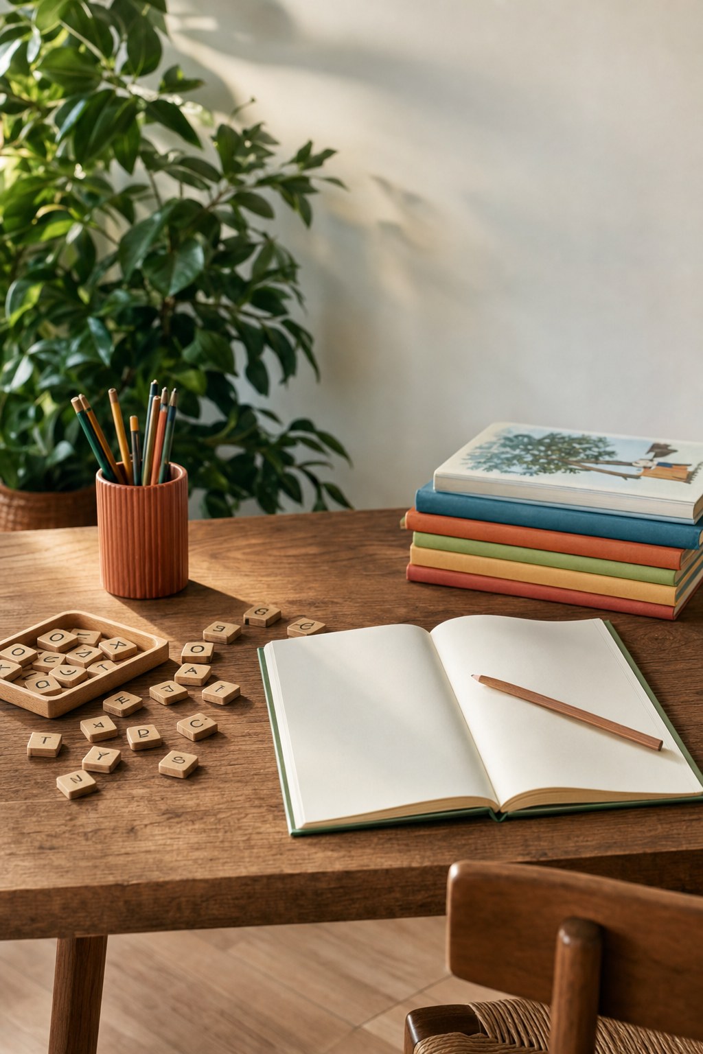Letter tiles, books and a reading notebook on a table.