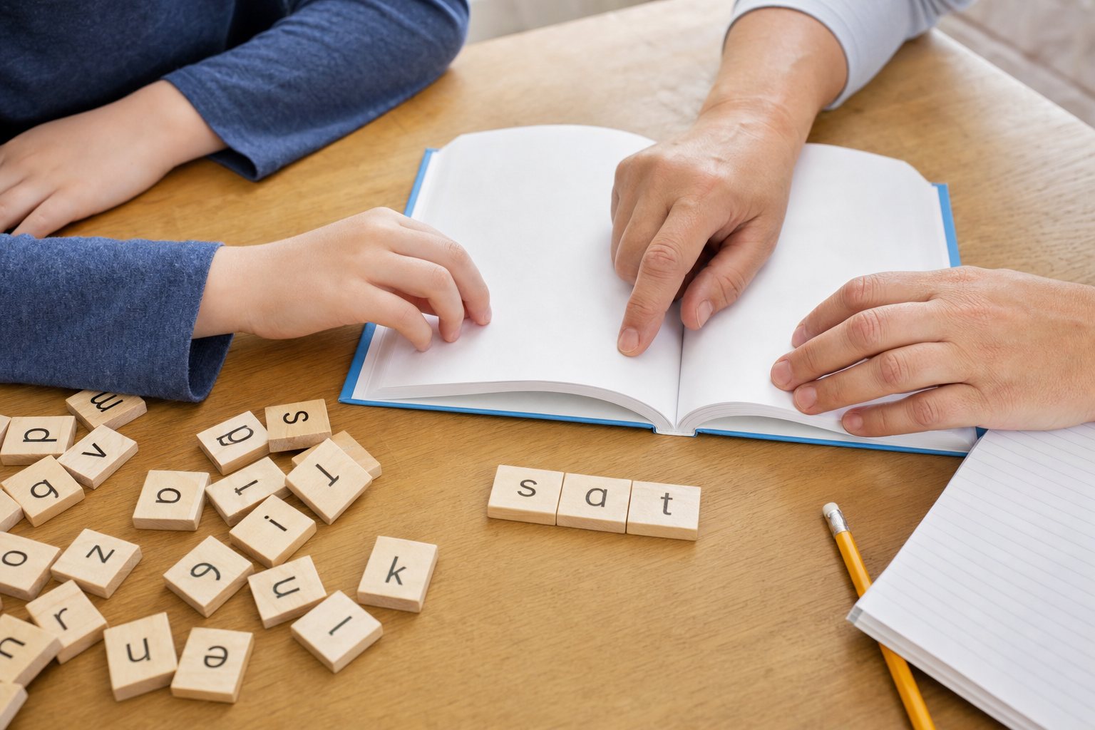 An adult tutor and child working together with letter tiles and an open book.