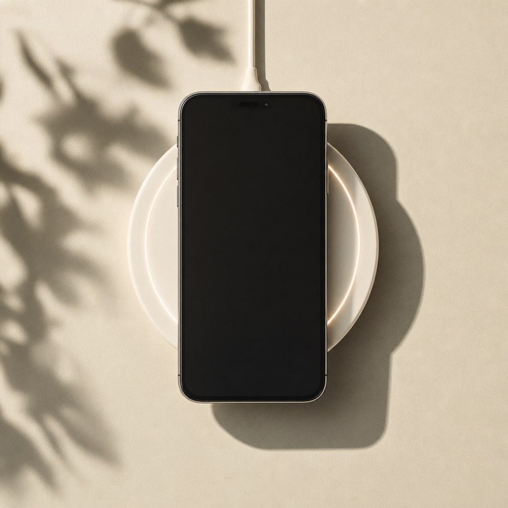 A phone centred on a round wireless charging pad