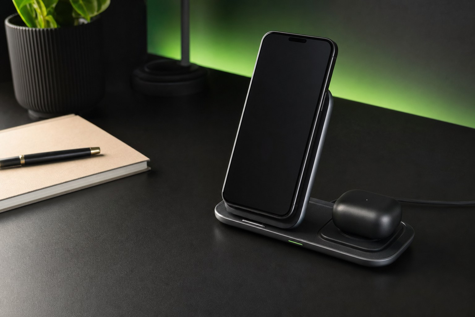 A phone and earbuds on a wireless charging station on a desk