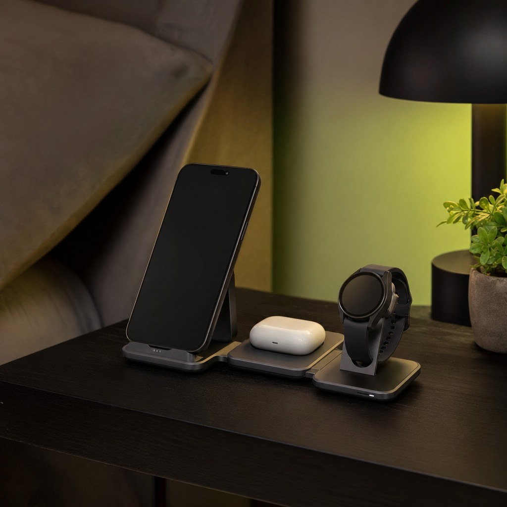 A phone, earbuds and watch on a multi-device charging stand