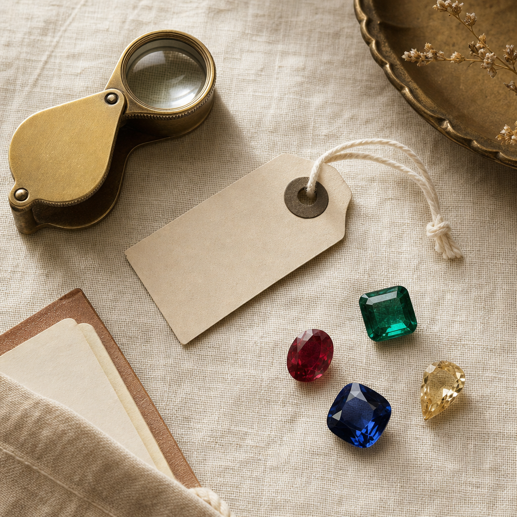 Jeweler’s loupe, blank tag, and loose colored gemstones on linen