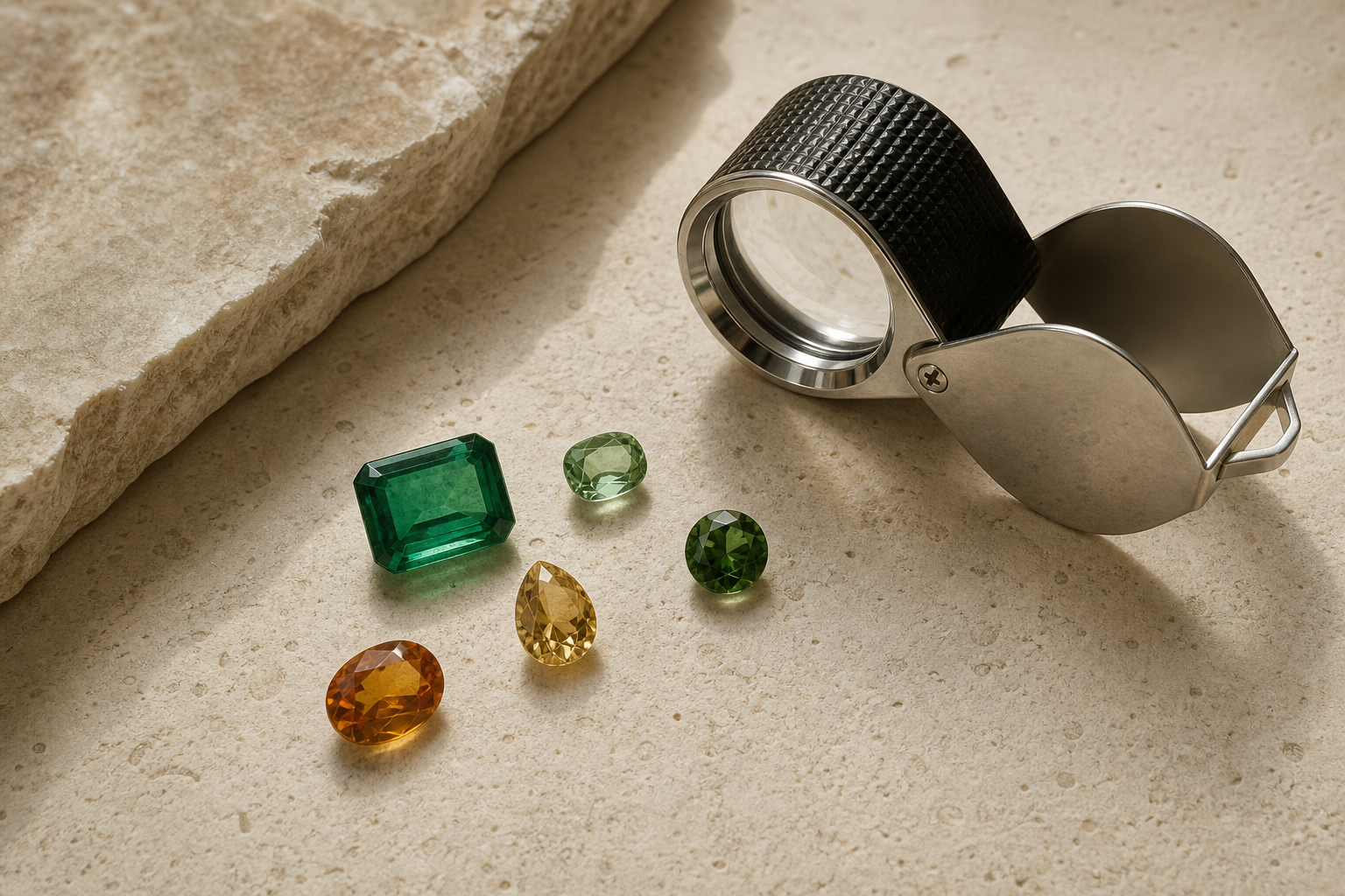 Gemstone loupe beside loose colored gemstones on limestone