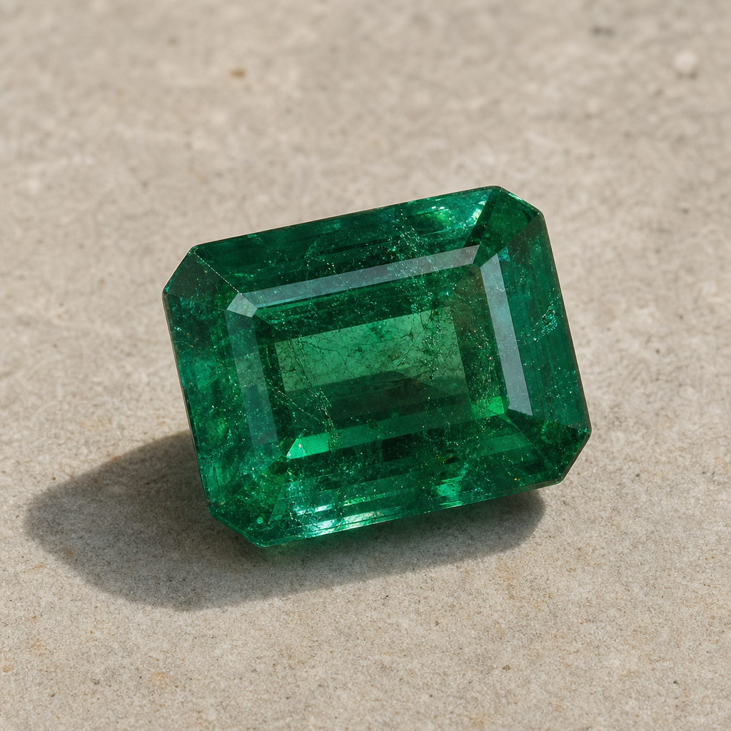 Close view of a green gemstone with visible internal characteristics