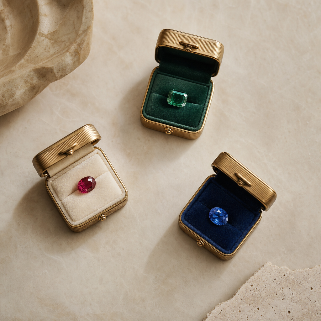 Three loose colored gemstones in small presentation boxes