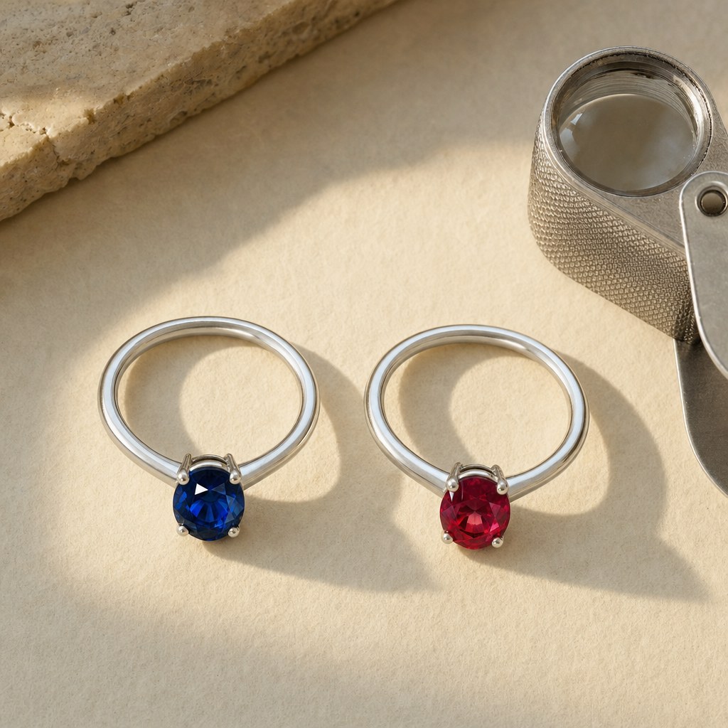 Blue sapphire and red spinel solitaire rings displayed side by side