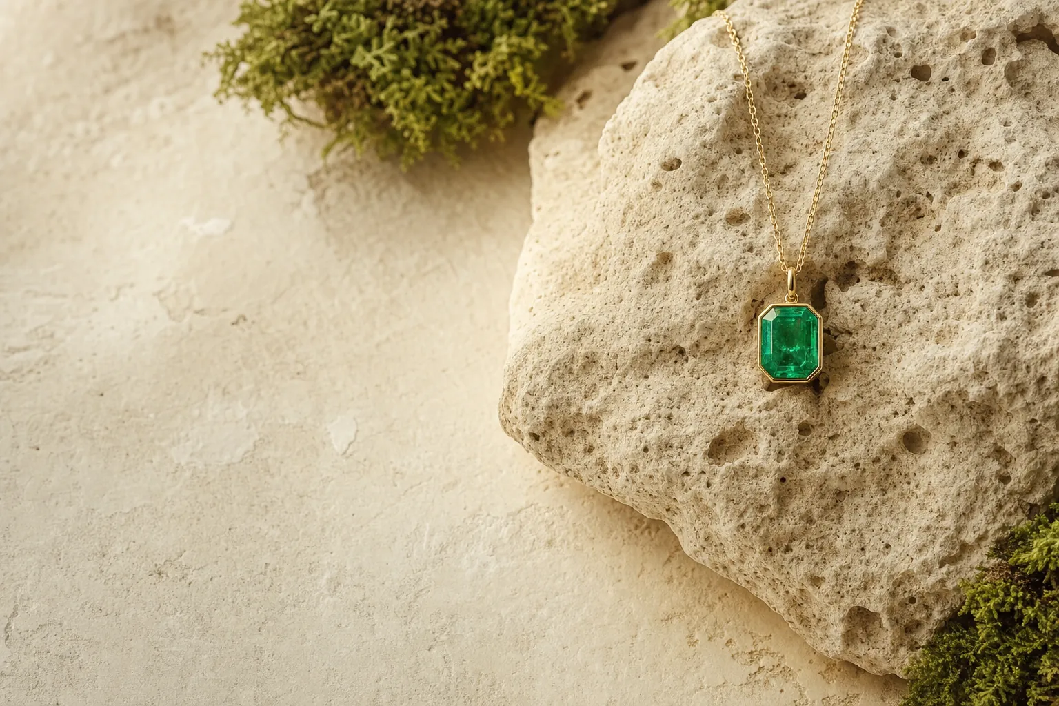 Emerald pendant resting on textured limestone