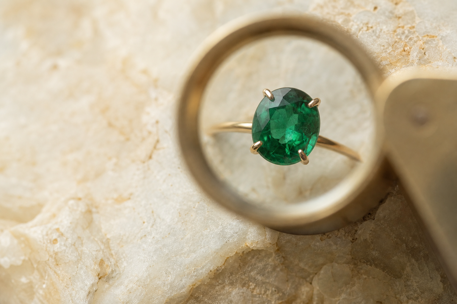 Green gemstone ring viewed through a jeweler’s loupe
