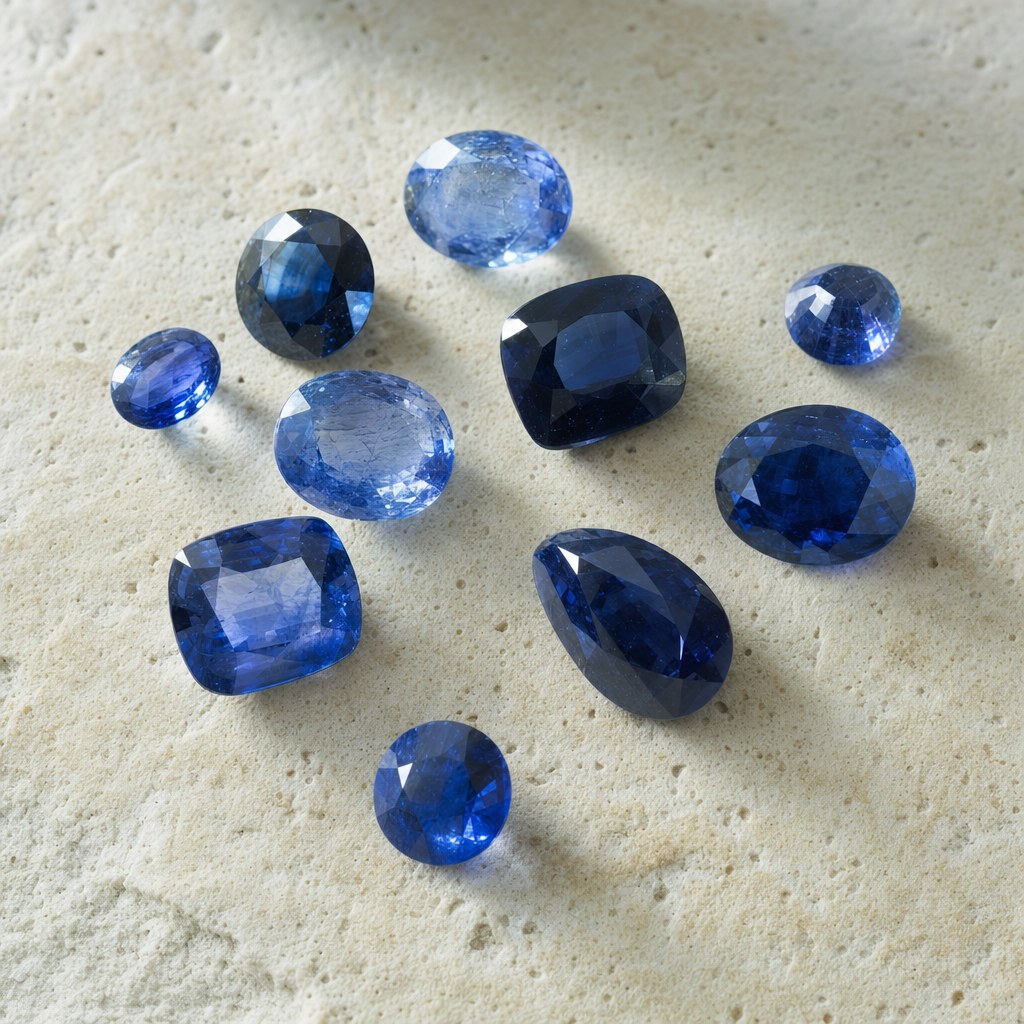 Loose blue sapphire gemstones on pale limestone