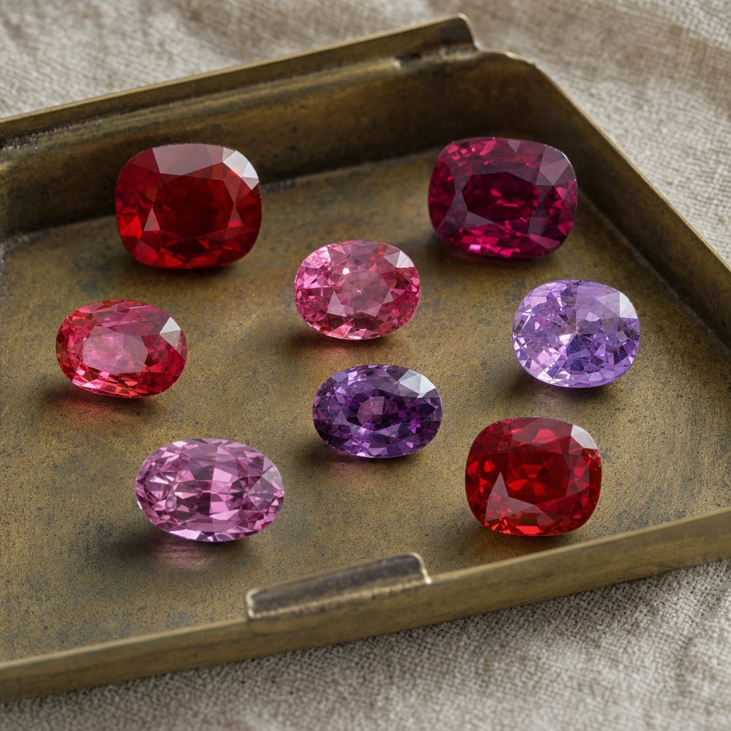 Loose red, pink, and violet spinel gemstones in a brass sorting tray