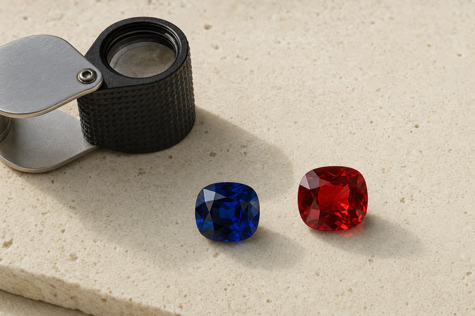 Blue sapphire and red spinel gemstones beside a jeweler’s loupe