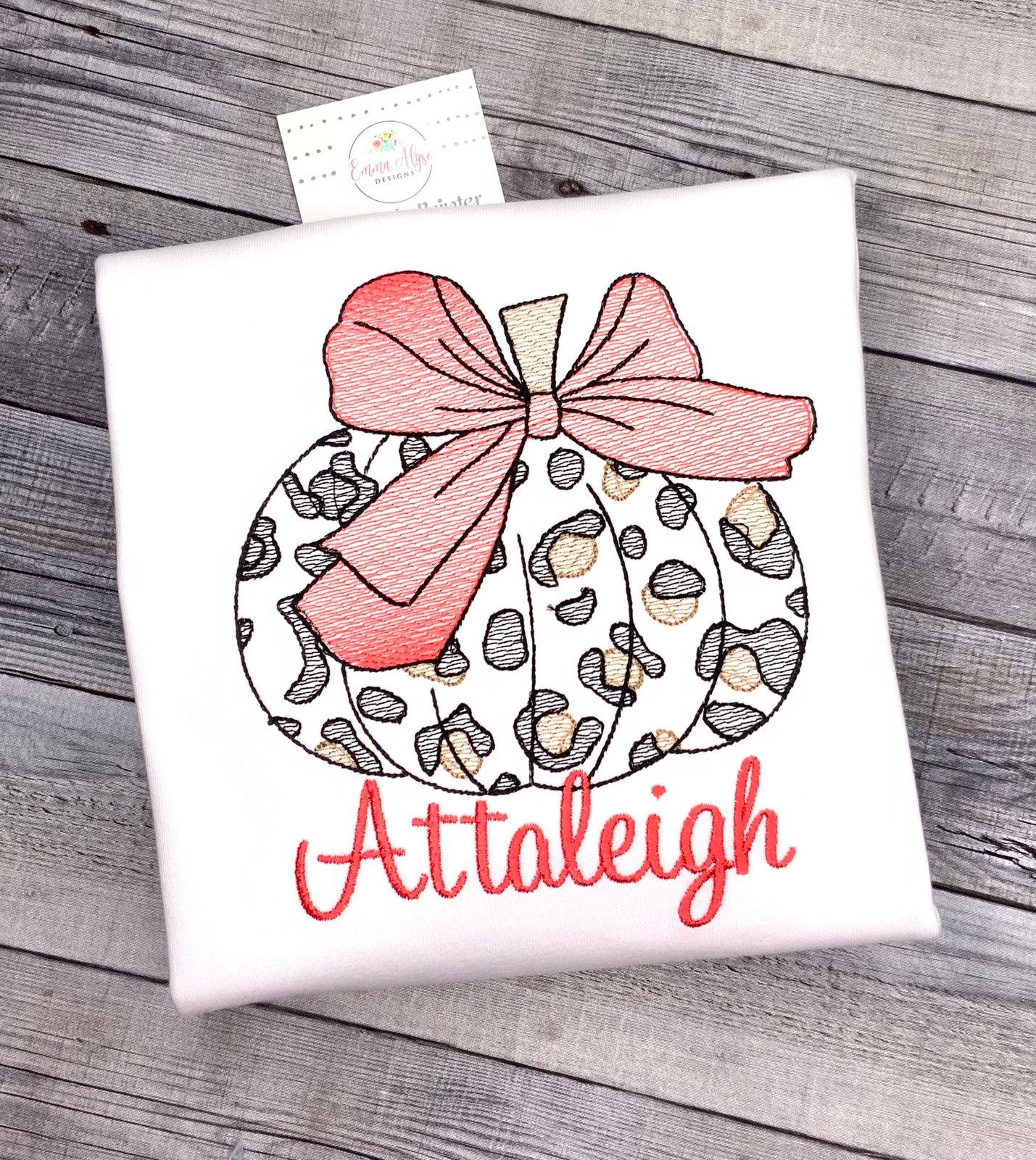 Personalized Girls Fall Shirt, Embroidered Leopard Pumpkin, Combed Cotton