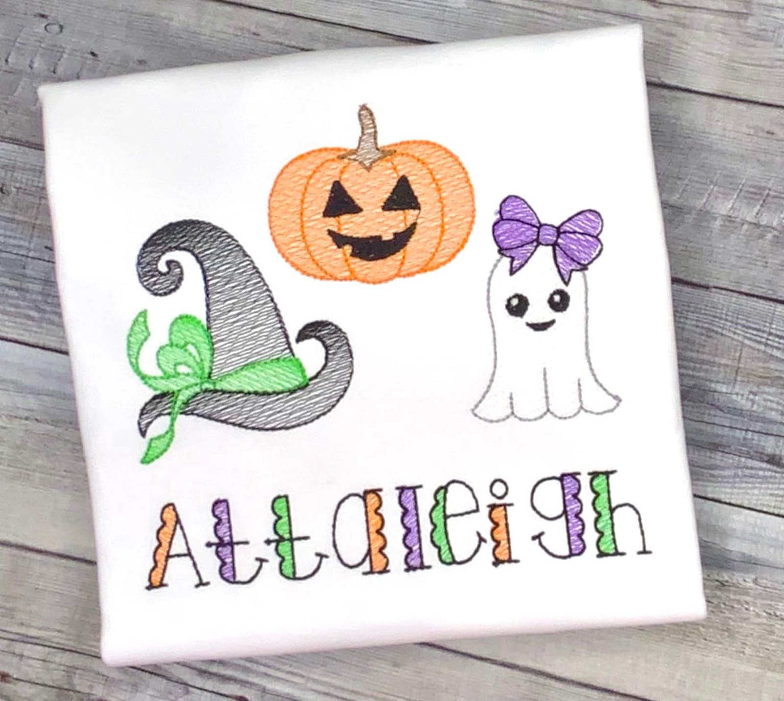 Girls Personalized Halloween Shirt: Embroidered Pumpkin, Witch Hat & Ghost