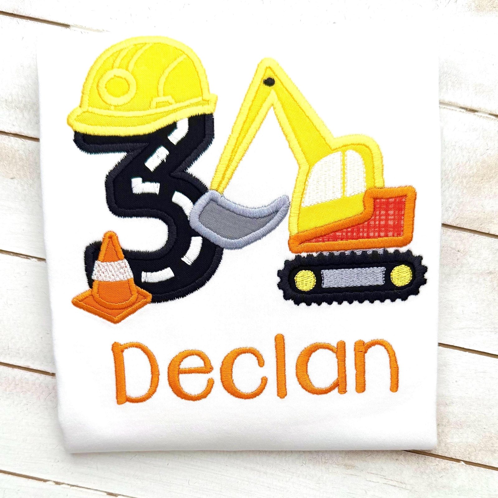 Construction Excavator 3rd Birthday Shirt For Boy or Girl Embroidered Digger Party Shirt