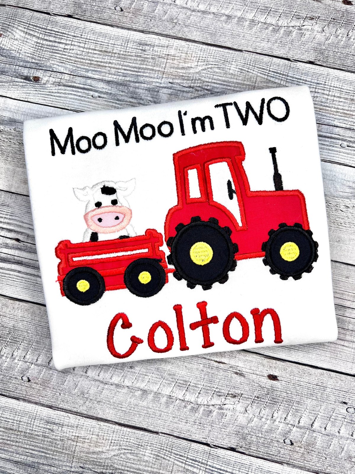 Moo Moo I'm TWO Cow Tractor 2nd Birthday Shirt