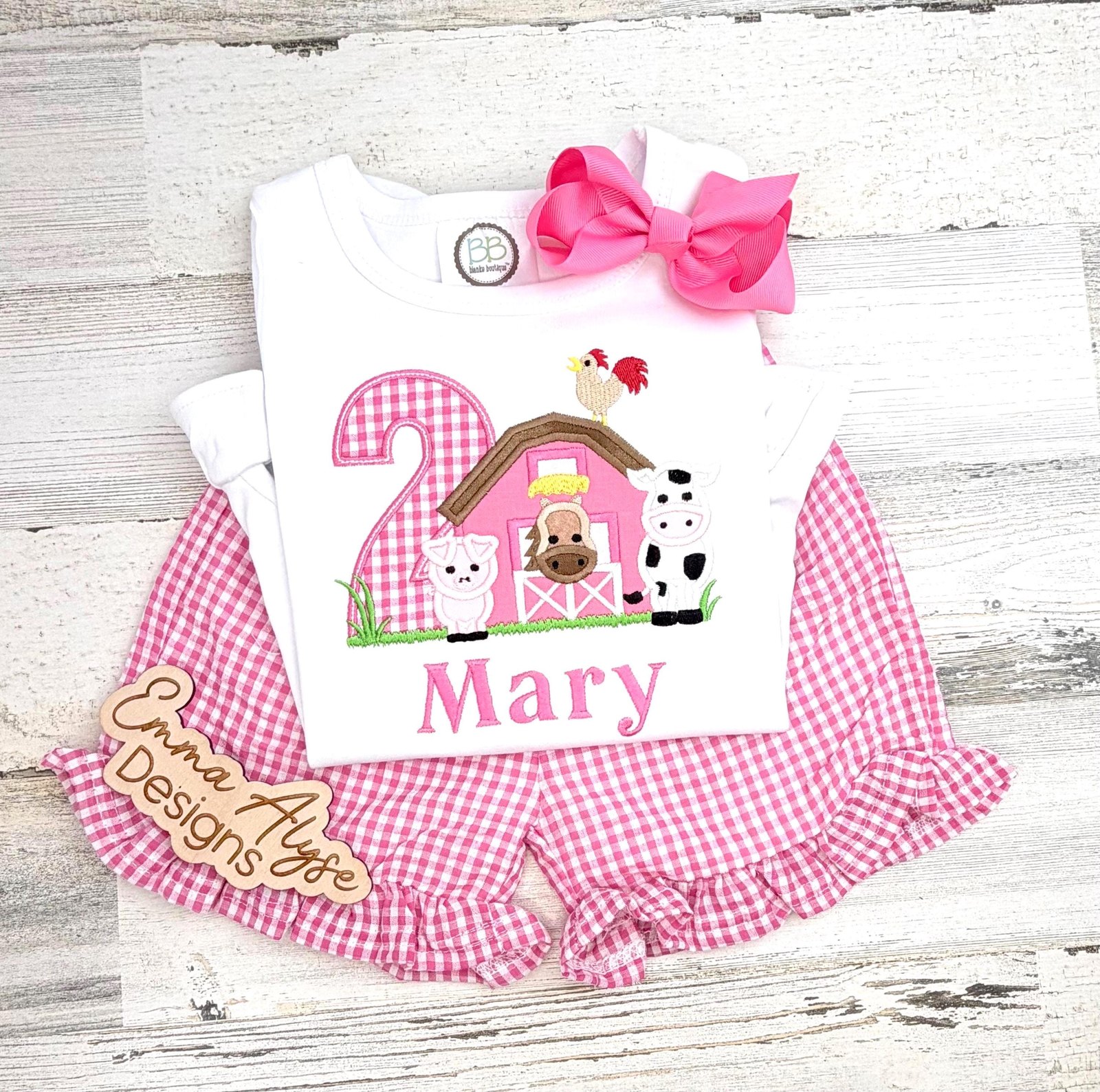 Barnyard Birthday Outfit: Pink Farm Animals Shirt, Ruffle Gingham Shorts, Any age