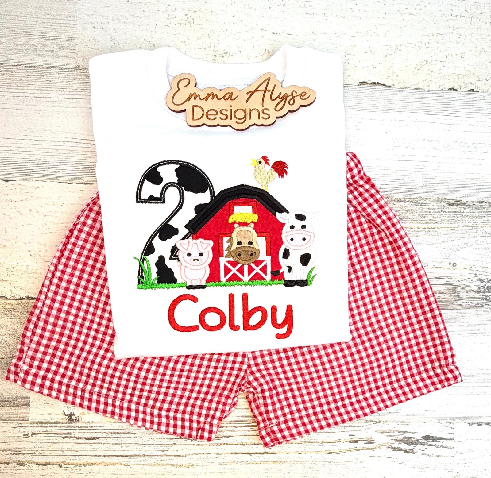 Boys Farm Birthday Outfit: Barnyard Animals Shirt & Gingham Shorts