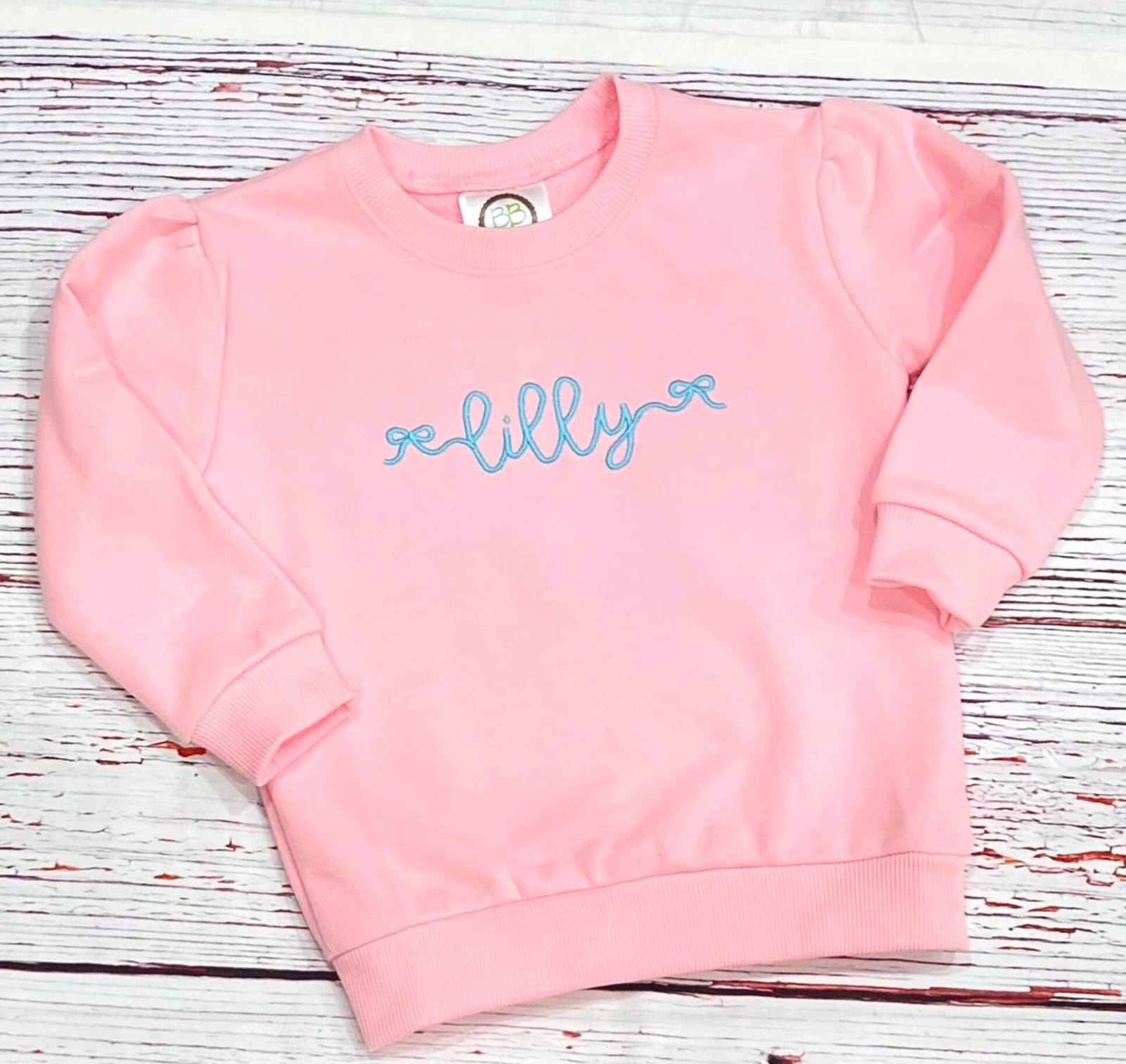 Monogram Girl Puff Shoulder Sweatshirt Embroidered with Bows and Name