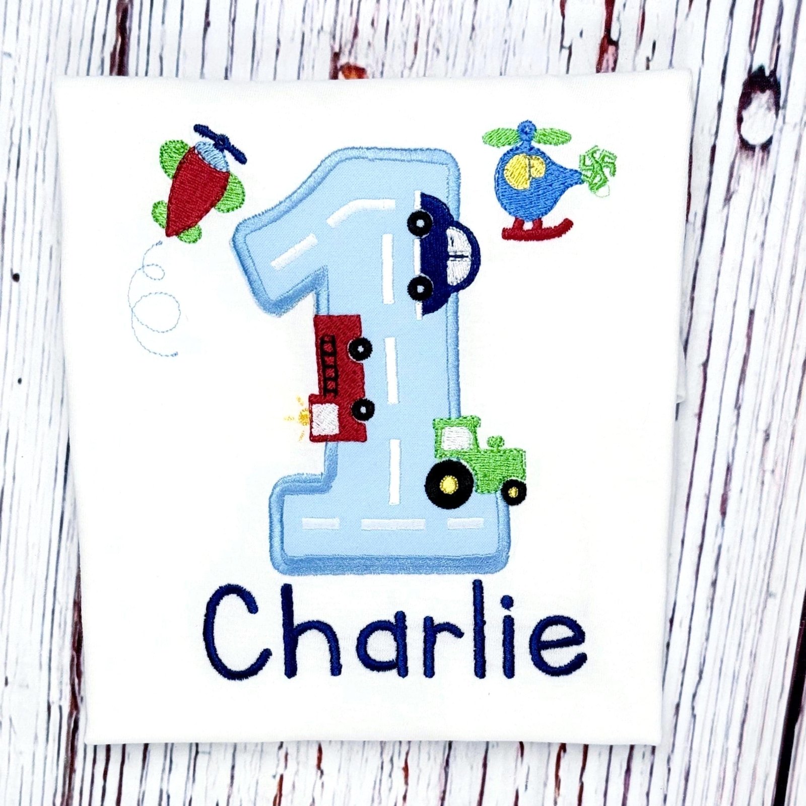 Custom Transportation 1st Birthday Shirt: Personalized Embroidered Helicopter, Airplane, Tractor, Firetruck, Car Tshirt